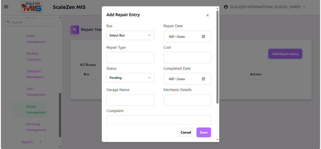Repair Management Screen